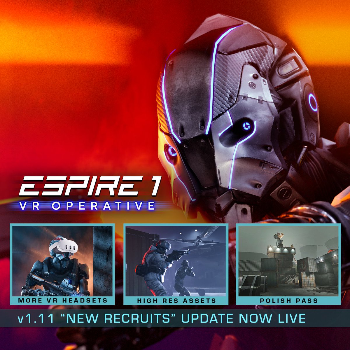 To our #PCVR players: we've recently shipped a major #Espire1 v1.11 update to #SteamVR, including support for more VR headsets, higher-res assets & a polish pass across the entire game. + there's more in store for Espire 1 in the coming months.