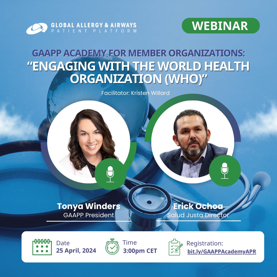 Join the GAAPP Academy webinar 📅 25 Apr, 3 PM CET! Learn WHO engagement from Erick Ochoa & Tonya Winders. Hosted by Kristen Willard. Register: ow.ly/IWym50RkkRI 🌐 #GAAPPWebinar #PatientAdvocacy #GlobalHealth #CapacityBuilding