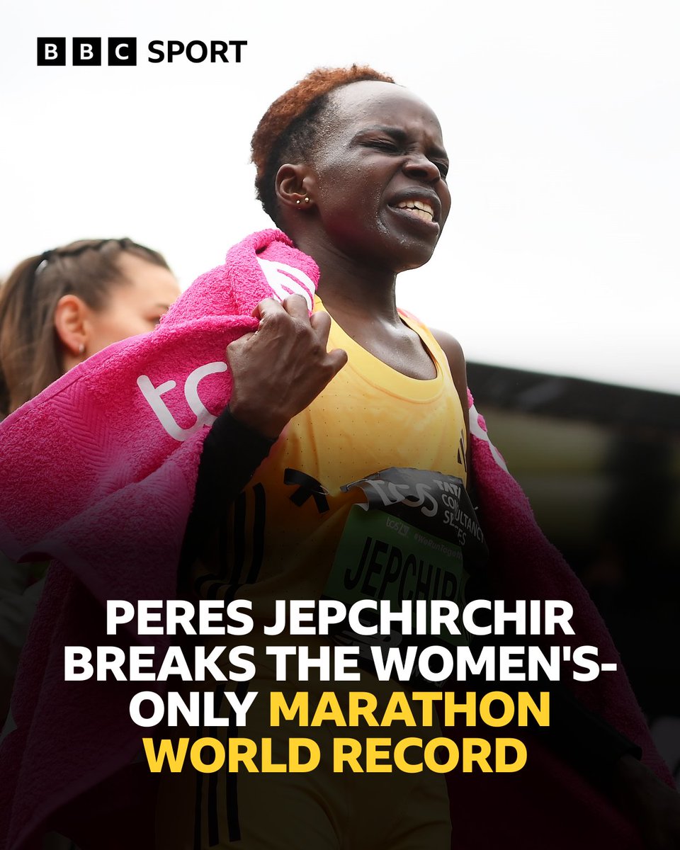 Incredible scenes! Olympic champion Peres Jepchirchir gets a world-record time of two hours 16 minutes and 16 seconds in the #LondonMarathon ⏰ #BBCMarathon