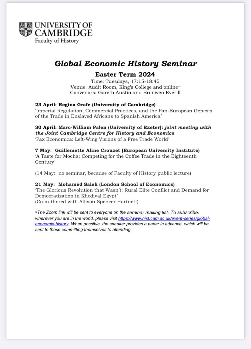 Global Economic History is back! Join us in person or on zoom (sign up to be sent the link) @CamHistory