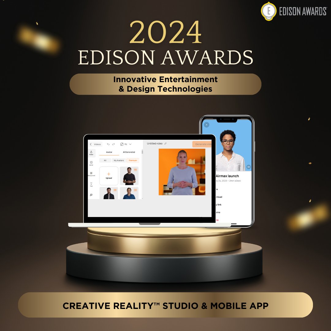 D_ID_'s tweet photo. Exciting News! Our #CreativeRealityStudio & #MobileApp has won Silver at the 2024 @EdisonAwards in the Innovative Entertainment & Design Technologies category! 🏆✨

This recognition highlights our relentless pursuit of innovation in the #GenAI space, enabling users to transform static photos into dynamic #AI-powered videos with moving and talking avatars! 🤩🚀

Congrats to all the incredible winners, and a huge thank you to the #EdisonAwards for the honor and recognition! 🙏🙌

#DID #GenerativeAI #Innovation #Tech