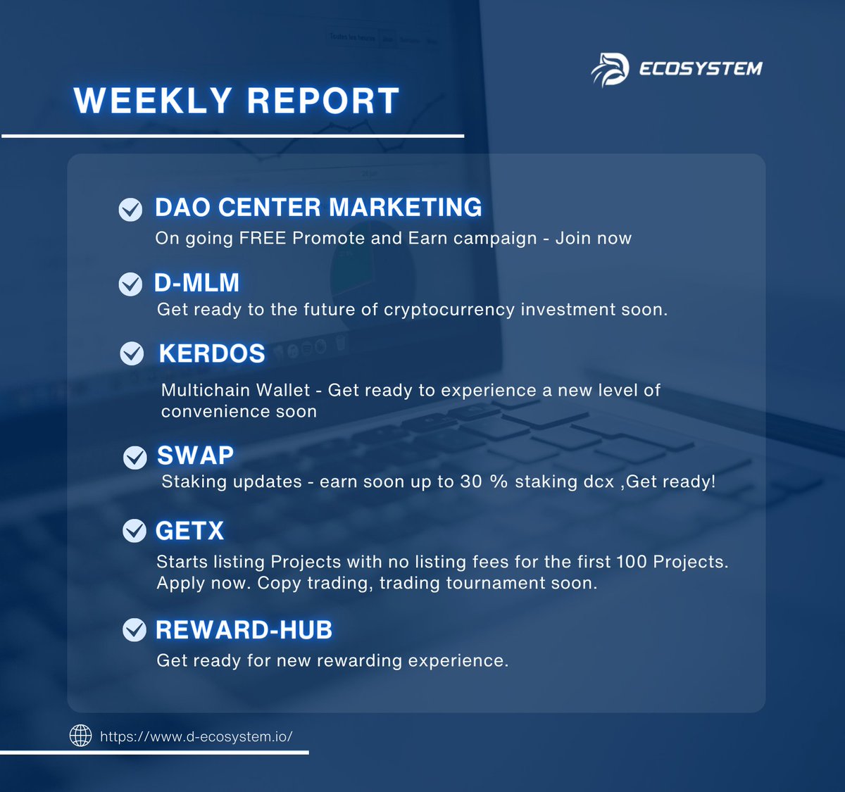 📢Here’s our weekly update! Our team has been hard at work, making improvements and implementing new features. 1⃣DAO CENTER MARKETING Ongoing FREE Promote and Earn campaign - Join now docs.google.com/forms/d/e/1FAI… 2⃣D-MLM Get ready for the future of cryptocurrency investment soon