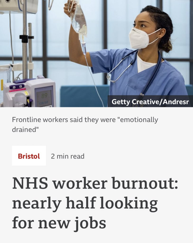 Nearly half of NHS staff are looking for a new job The damage that will be done if even 10% of them are successful does not bear thinking about We must starting treating healthcare workers better before it’s too late - please RT if you agree bbc.co.uk/news/uk-englan…