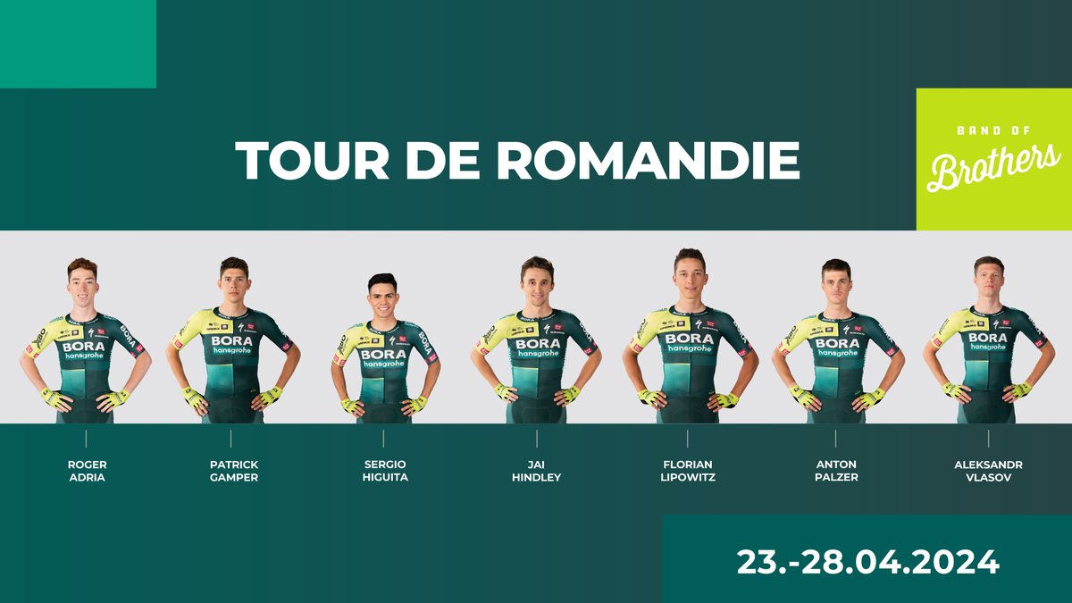 Red Bull โ BORA โ hansgrohe (@rbh_procycling) on Twitter photo No time to take a breather. Here's who will be lining up at <a href="/TourDeRomandie/">Tour de Romandie</a> next week.
๐ Roger Adria
๐ Patrick Gamper
๐ Sergio Higuita
๐ Jai Hindley
๐ Florian Lipowitz
๐ Anton Palzer
๐ Aleksandr Vlasov
#BORAhansgrohe #BandofBrothers #TDR2024 No time to take a breather. Here's who will be lining up at <a href="/TourDeRomandie/">Tour de Romandie</a> next week.
๐ Roger Adria
๐ Patrick Gamper
๐ Sergio Higuita
๐ Jai Hindley
๐ Florian Lipowitz
๐ Anton Palzer
๐ Aleksandr Vlasov
#BORAhansgrohe #BandofBrothers #TDR2024