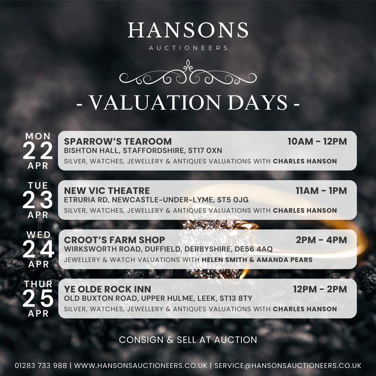 Where to find us next week! Do you have items you wish to consign to auction? Pop along to one of our upcoming valuation events! #valuationday #auction #jewellery