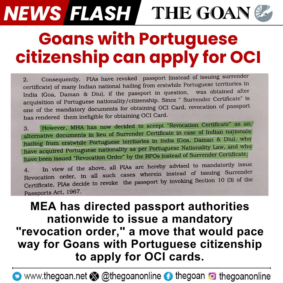 MEA has directed #passport authorities nationwide to issue a mandatory 'revocation order,' a move that would pace way for #Goans with #Portuguese #citizenship to apply for #OCI cards.
#Goa