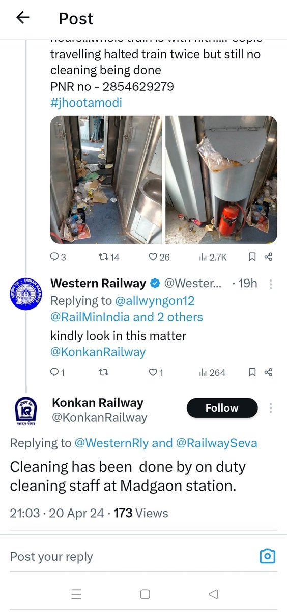 @WesternRly @allwyngon12 @RailMinIndia @RailwaySeva @AshwiniVaishnaw @AshwiniVaishnaw sir Please check. Your kokan railway team had cleaned the train. Your @WesternRly handle is misleading public with false information. Kindly refrain from spreading mass information to the public.