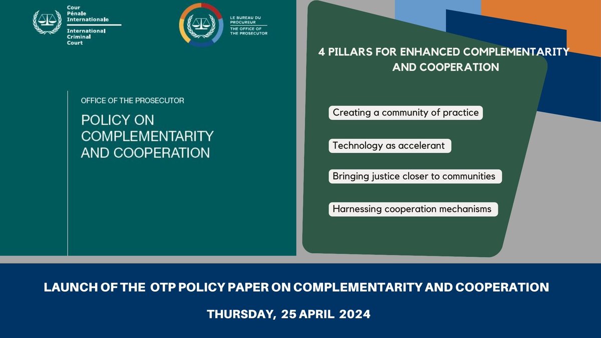 📢This week, the #ICC Office of the Prosecutor is launching its Policy on Complementarity and Cooperation, from various field locations. ⚖️ Follow the launch this week as the Office sets a renewed basis for cooperation with all its partners. #Complementarity #HubForJustice ⤵️