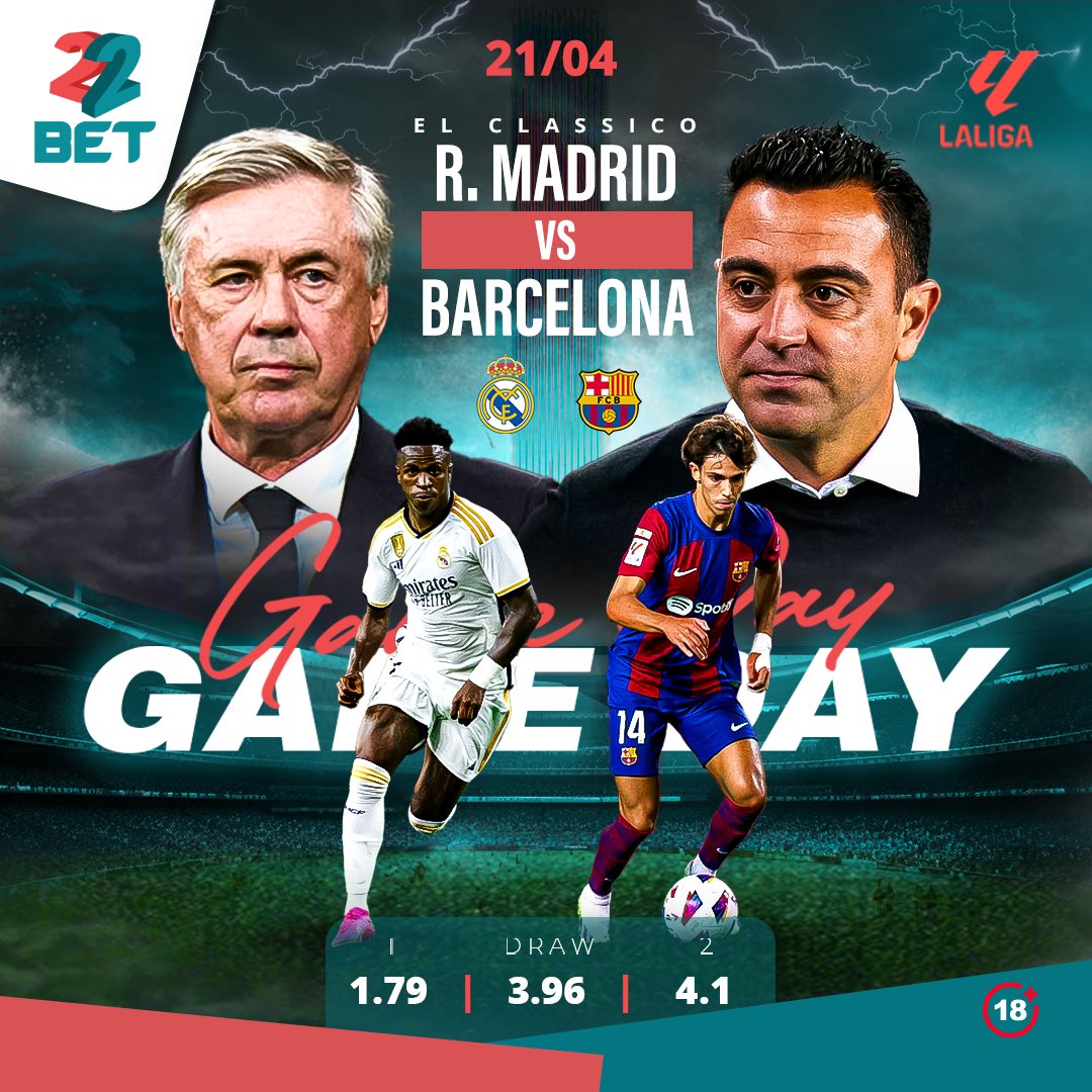 #RealMadrid host #Barcelona in what will be the last Clasico of the 2023-24 season, and a decisive one ⏰8:00 PM

Stake here 👉🏾 bit.ly/3A5ZOXi

#22Bet #Bestodds #Switchto22Bet