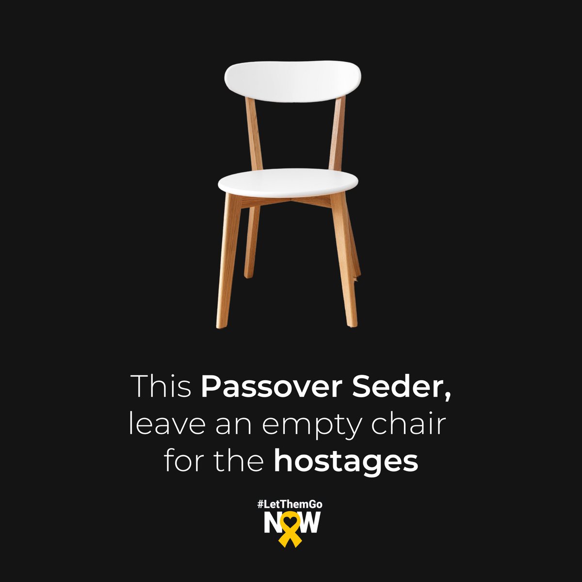 Israel's tweet photo. We cannot fully celebrate the Festival of Freedom while 133 Israelis are still in captivity. 

This Passover we will be leaving a chair empty at our Seder to raise awareness of the hostages. 

Join us in calling for their release by posting a picture of your empty Seder chair, tagging us and using the #LetThemGoNow.