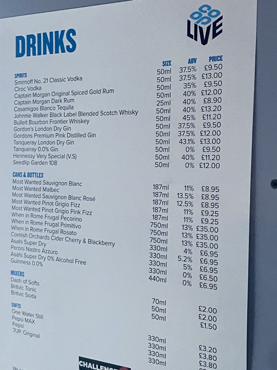 Lots of comments about the drinks prices at the new Co-op Live - these were the price lists at the two bars open at the test event last night. Still not over the £8.95 pints 🙈 manchestereveningnews.co.uk/whats-on/whats…