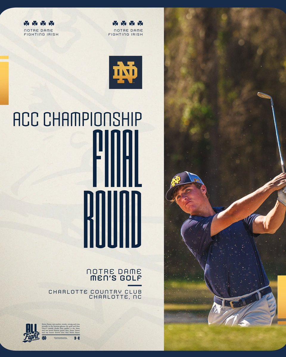 Here Come The Irish!☘️ Round 3 of the ACC Championship, first tee time is 8am. The Irish are paired with Clemson and Louisville. Live scoring link results.golfstat.com/public/leaderb… 📍 Charlotte Country Club | Charlotte, NC #GoIrish