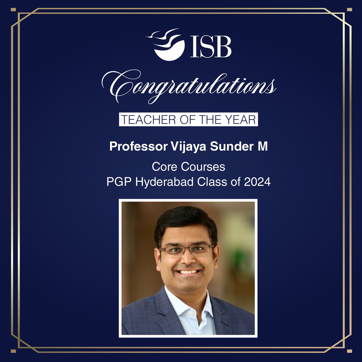 Congratulations to Professor Sumit Kunnumkal, Professor Milind Sohoni and Professor Vijaya Sunder M on being chosen as 'Teacher of the Year' for Core Courses by the Post Graduate Programme in Management (PGP) Class of 2024, Hyderabad cohort. #ISB #TeacherOfTheYear #PGP
