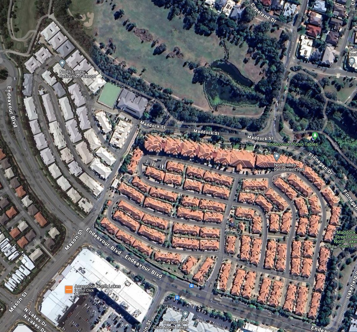 These are not so much #missingmiddle as missing anything good.
So many such dismal arrangements of bunched & hunched dwellings across  suburban Australia - these in Nth Brisbane. 
Tree haters; Enclaves of dismal environments - these have gall to claim as aged housing ‘resorts’