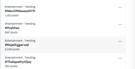 All My favorite stars are in trending 
#Queenofmasses #KajalAgarwal  #ManOfMassesNTR   Darling #prabas 
#ThalapathyVijay

@MsKajalAggarwal
#sathyabhama #Indian2