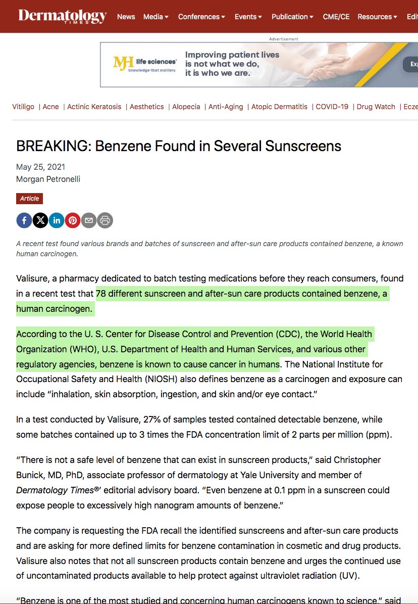 The most carcinogenic #Cancer causing substance known to man, Benzene, called 'Graphene' for marketing purposes, was found in at least 78 Sunscreens. It is known to cause #Melanomas, #Psoriasis, Lesions, Tumors, Skin Tags, Tumorgenesis, Mutagenesis.

dermatologytimes.com/view/breaking-…