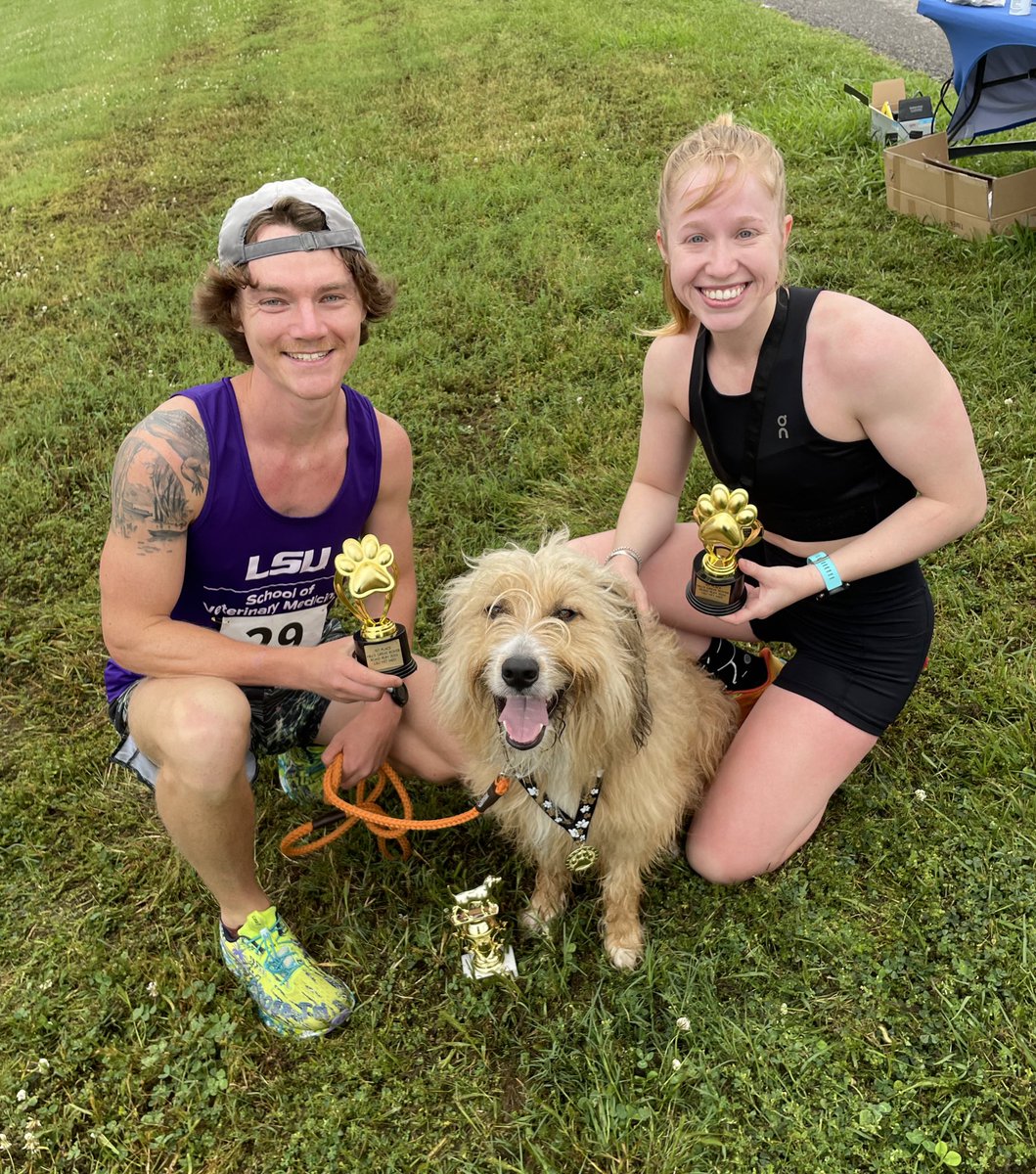 The Hill’s #LSUVetMed Great River Road Run was a success! The fastest runners in their respective groups, Carlos Zervigon & Maryella Cohn — with Cooper, the fastest dog — are shown. Heartfelt congratulations! #LSU #LSUVetMed #BetteringLives #WeTeach #WeHeal #WeDiscover #WeProtect