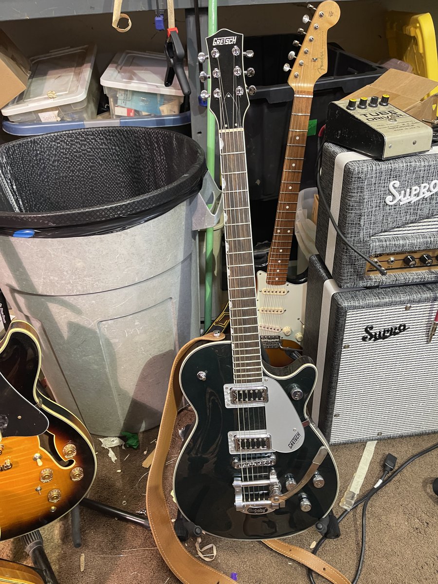 Deciding which guitar for a country band recording gig this afternoon. Both play well. Probably going to record the Supro Black Majick as well. 
 #fendertelecaster #Gretsch #Supro