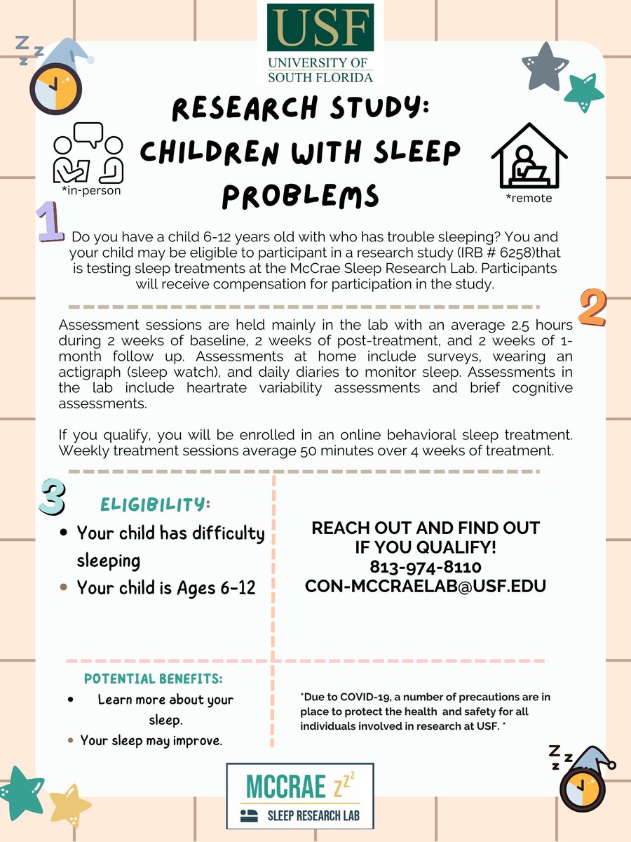 McCrae Sleep Research Lab (@mccraesleep) on Twitter photo Is your child (ages 6-12yo) having trouble sleeping? Take a part in our behavioral sleep intervention for some potential benefits! Contact us at CON-mccraelab@usf.edu to see if you qualify! <a href="/USFResearch/">USF Research</a> Is your child (ages 6-12yo) having trouble sleeping? Take a part in our behavioral sleep intervention for some potential benefits! Contact us at CON-mccraelab@usf.edu to see if you qualify! <a href="/USFResearch/">USF Research</a>