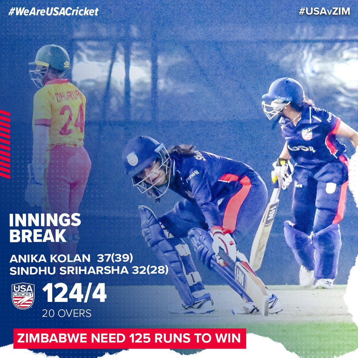 #TeamUSA sets a target of 125 for @ZimCricketv! 🎯

Off to our bowlers! 💪

Follow live 📲: cricclubs.com/adcc/viewScore…

#WeAreUSACricket