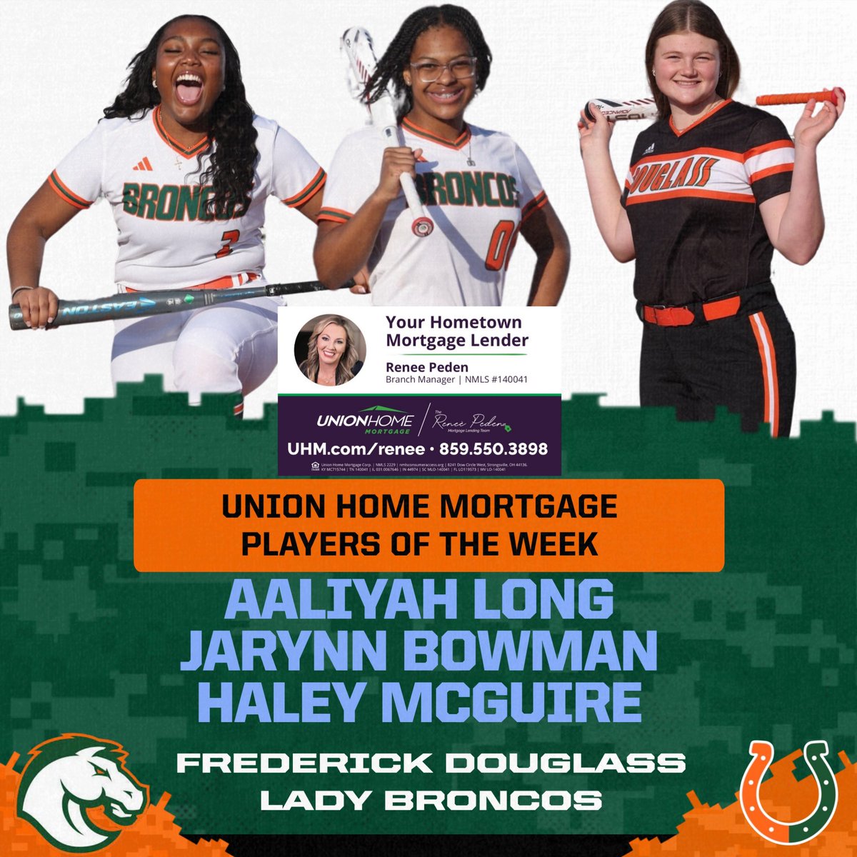 Here’s our Renee Peden, Union Home Mortgage Players of the Week:
Aaliyah Long 8-15 | 3 HR
Jarynn Bowman 8-15 | 2 2B
Haley Mcguire 8-13 | 1 HR
#Horsepower #LadyBroncos
