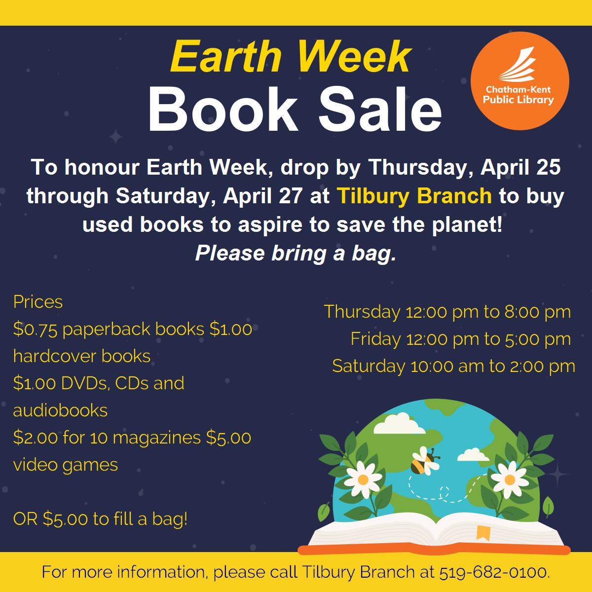 Ready to refresh your book collection while helping the planet? Join the Chatham-Kent Public Library for their Earth Week Book Sale at Tilbury Branch from April 25 to April 27. For more info, please call Tilbury Branch at 519-628-0100 #YourTVCK #TrulyLocal #CKont #CKPL #BookSale