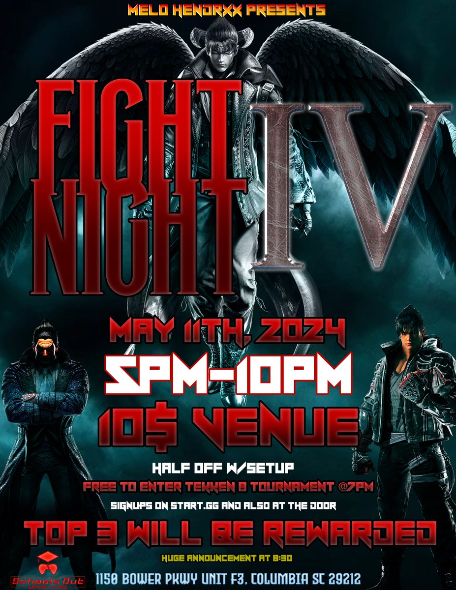 To any and all fighting game players, enjoyers, watchers, come out and join us! I challenge all #southcarolina #Georgia and #NorthCarolina players to come out and test your mettle against the best! May 11th it's going down! 
#Tekken8
start.gg/.../tekken-8..…