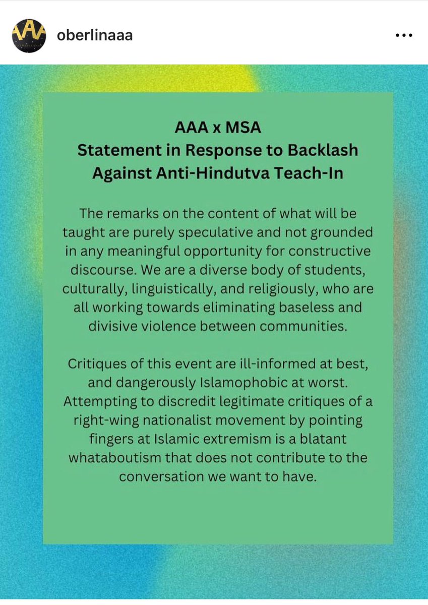 Thanks to the grassroots pressure from community members in #Cleveland Ohio and #Hindus everywhere, one of the #Oberlin College student groups sponsoring the hateful “Holi Against Hindutva” event has put out a statement. However, the statement completely sidesteps the concerns