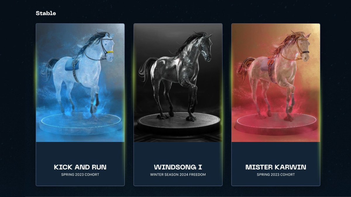 playstables's tweet photo. With the Spring Season races upon us, we'd love to see some screenshots of your Stable! Show us those beautiful horses you will be racing with!π
#PlayStables #Tezos #OwnPlayThrill #StablesSpringSeason #Web3Gaming #Web3Games https://t.co/sZTG2lCW16