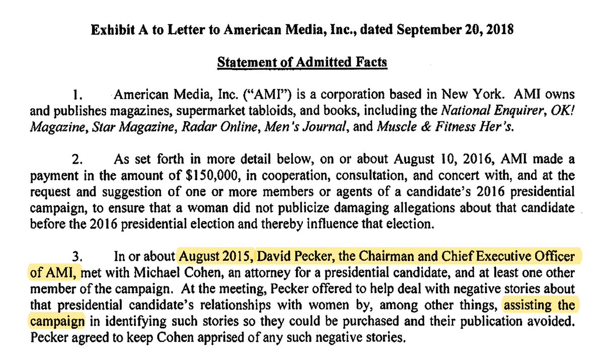 @joe_palazzolo @mrothfeld @rebeccadobrien @rebeccaballhaus 5/ Here's the 'Statement of Admitted Facts' in David Pecker's AMI Company's Non-Prosecution Agreement (with the feds).⤵️ They admit to key facts that are now a part of the Trump criminal prosecution. link: justsecurity.org/wp-content/upl…