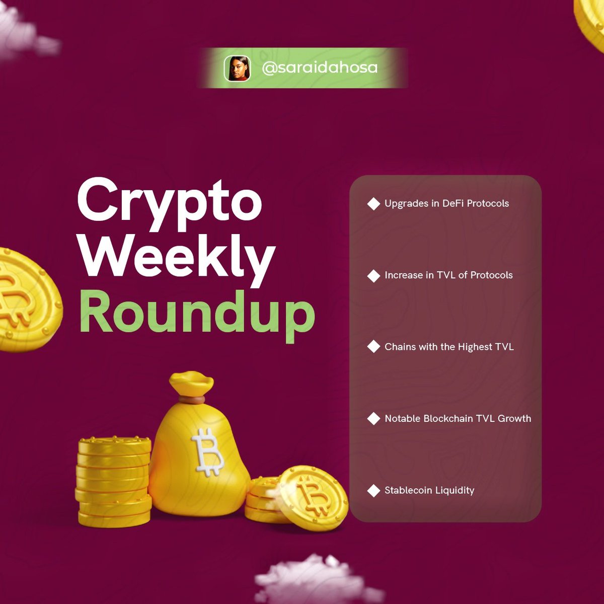 Crypto Weekly Roundup Despite the volatile market, decentralized finance (DeFi) continues to attract liquidity. Several defi protocols announced upgrades this week, and the total value locked in defi protocols saw a slight increase. Let's discuss more! Bitcoin (BTC) was up