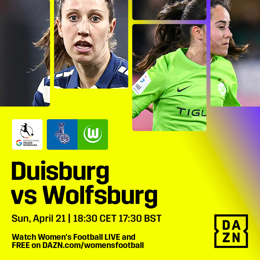 ❓Wolfsburg travel to a Duisburg side who has yet to win a match this season, but that doesn't mean their mission to keep any title hopes alive will be an easy one. Watch live for free ▶️ bit.ly/DAZNWFootball Available in selected territories. #DieLiga