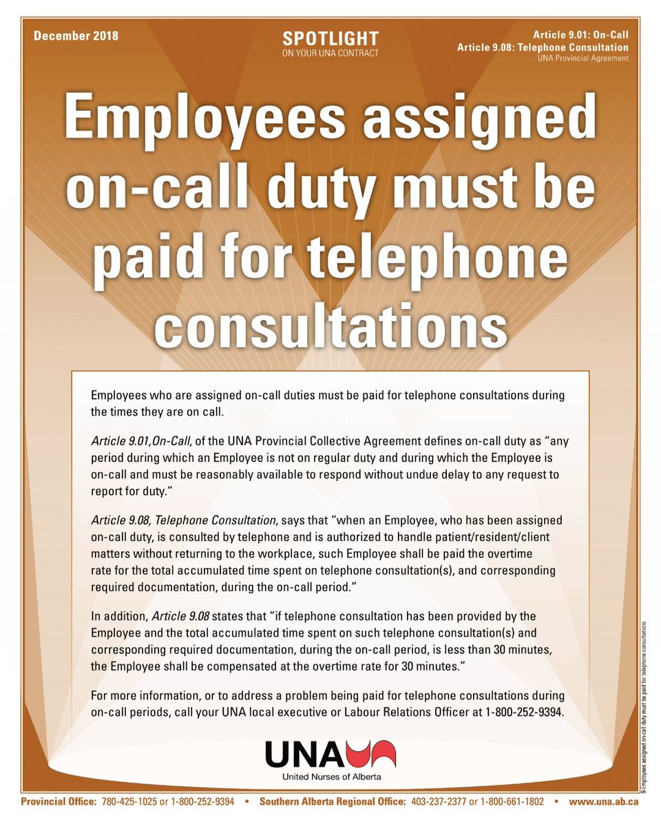 Employees Assigned On-Call Duty Must Be Paid For Telephone Consultations (Article 9: On-Call Duty/Call Back). Sunday Spotlight 🔦on your @UnitedNurses contract. #abnurses