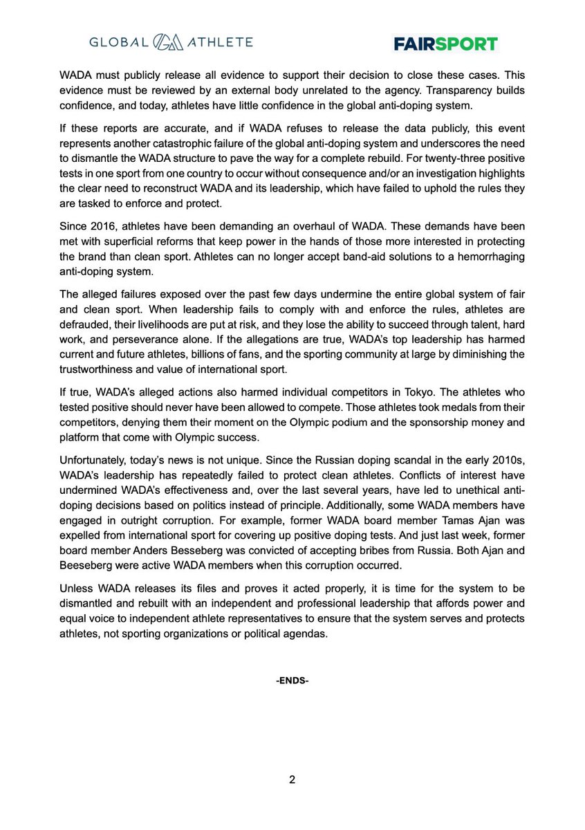 Joint statement from Global Athlete and @FairSportOrg following @nytimes and ARD reports on the positive drug tests of 23 Chinese swimmers globalathlete.org/our-word/joint… @wada_ama @WorldAquatics