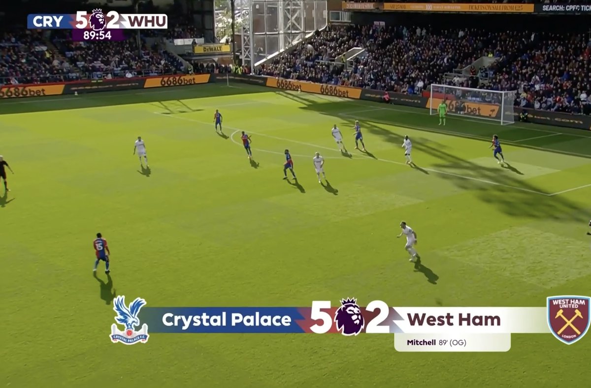 West Ham have a second despite just one shot on target from Michail Antonio. Palace scored into their own net from a back pass from Mitchell to make it 5-2