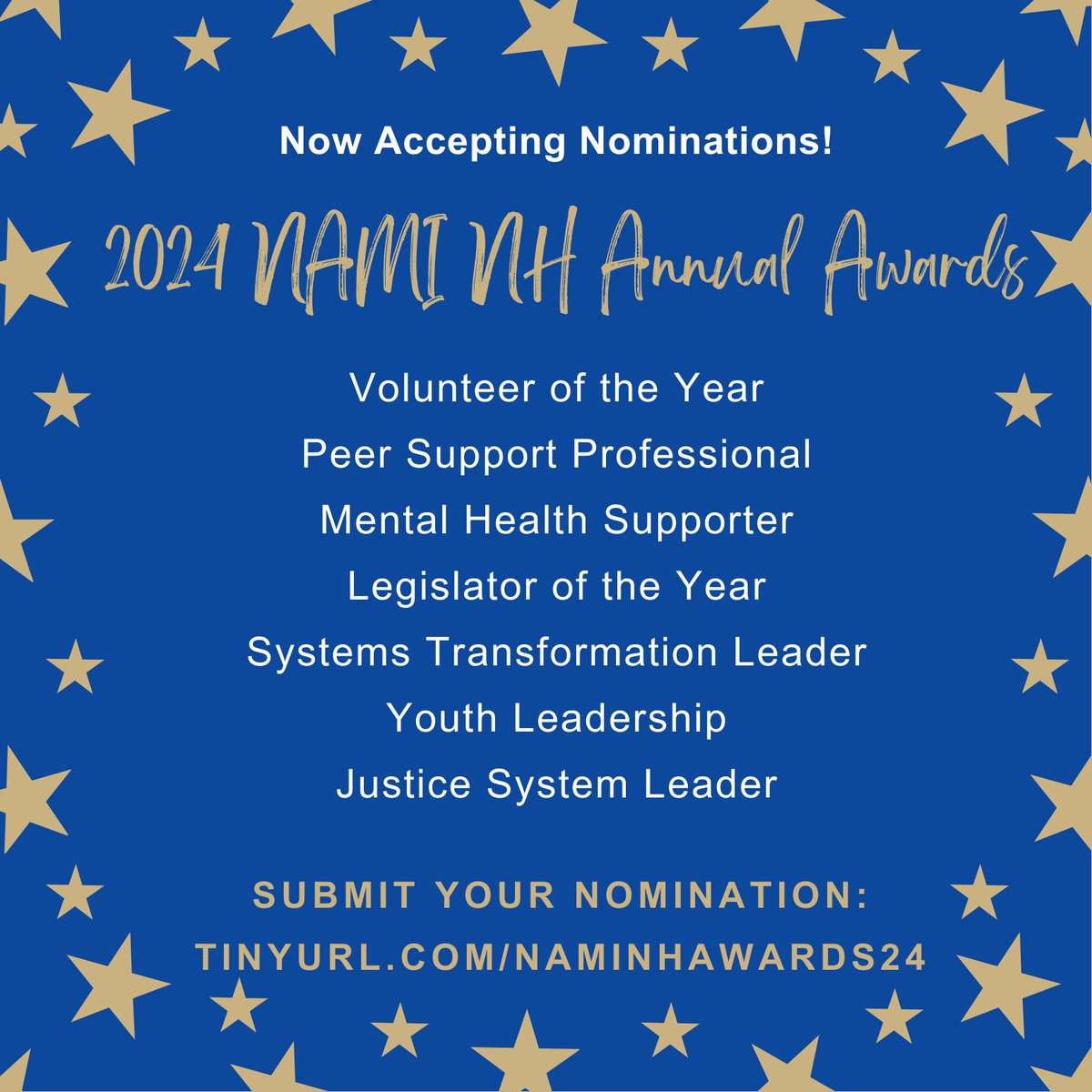 2024 NAMI NH Annual Awards – Nominations are OPEN! 🌟 Who is offering inspiration and hope in the mental health and suicide prevention fields in NH? Please share your nominations by April 30th: tinyurl.com/NAMINHAwards24