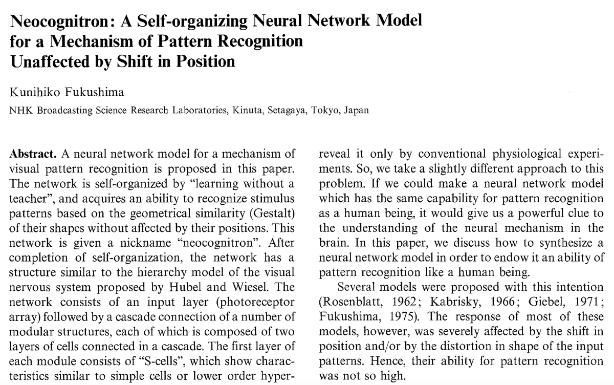 This month in 1980: a Japanese computer scientist published a paper proposing the “Neocognitron,” the neural net that directly inspired CNNs. Kunihiko Fukushima’s paper: bit.ly/3dPbF0z