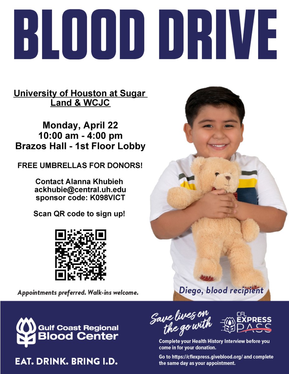 Donate blood and brighten someone’s day. Donors who give blood in April will receive a Gulf Coast Regional Blood Center umbrella as a thank you. Come by Brazos Hall on Monday from 10am–4pm. Appointments prefrerred. Walk-ins welcome. Sign up HERE: commitforlife.org/donor/schedule…