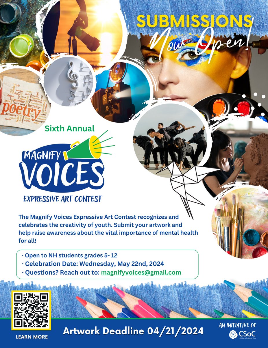 Submissions Due TONIGHT – Sunday, April 21st! 🎨 🎥 🖼️ The Magnify Voices Expressive Art Contest is open to NH students in grades 5-12. Submit your artwork and help raise awareness about the vital importance of mental health for all! Learn more: nhcsoc.org/magnify-voices…