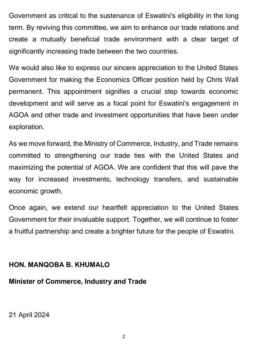 Ministerial Statement: Ministry of Commerce Statement on the Kingdom of Eswatini's retention into the African Growth and Opportunity Act (AGOA).