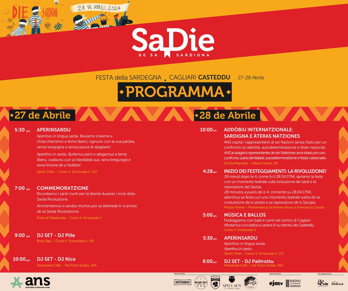 assembleasarda's tweet photo. Musica, aperitivi, balli, ma anche un dibattito internazionale e momenti di riflessione sulla Sarda Rivolutzione. Torna la festa di ANS per #SaDieDeSaSardigna!

Il programma👉https://t.co/O5oXFuN3jC

Ci vediamo sabato 27 e domenica 28 a Cagliari! https://t.co/24J2IoarJN