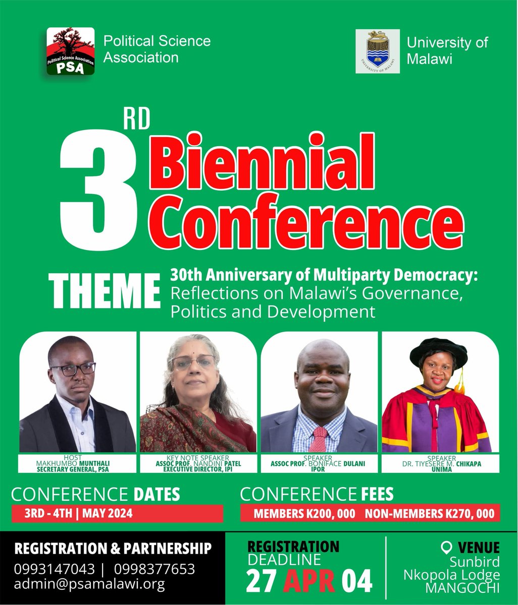 Introducing speakers for the conference.
For more details on how to be part of this exciting conversation and auditing of Malawi’s 30 years of multiparty democracy, check the flyer below.
<a href="/HappyKayuni/">Happy Kayuni</a>
<a href="/MChasukwa/">Michael Chasukwa</a>
<a href="/unima_official/">University of Malawi (UNIMA)</a>
<a href="/pasdept_UNIMA/">Political &Administrative Studies Department UNIMA</a>
<a href="/mzunionline/">Mzuzu University</a>
#PSAMW