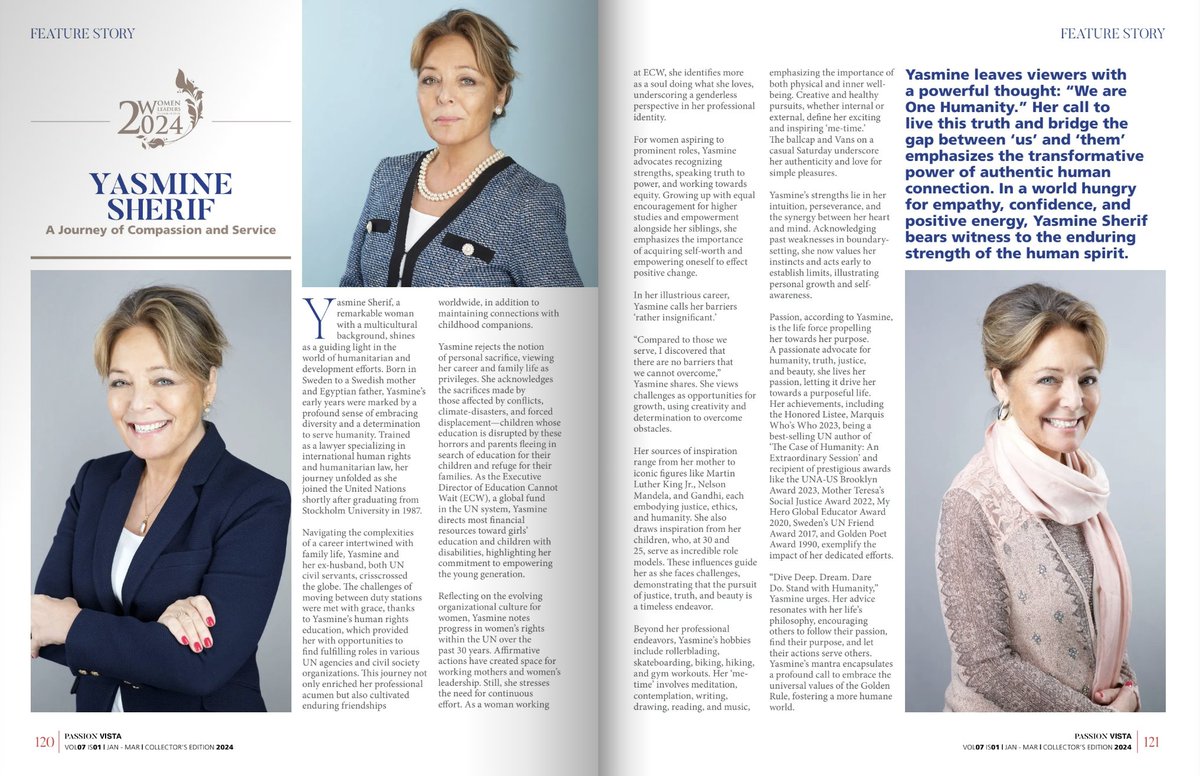 '@YasmineSherif1, a remarkable woman with a multicultural background, shines as a guiding light in the world of humanitarian & development efforts.' Don't miss #PassionVista latest edition ft #ECW's Executive Director👇 online.fliphtml5.com/mpfdv/gutw/#p=… @UN #222MillionDreams✨📚