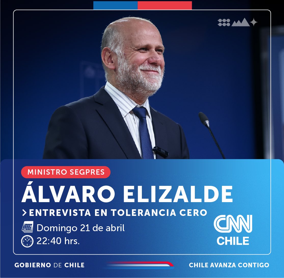 ¡No te lo pierdas! 📺 Esta noche el ministro @alvaroelizalde estará en #ToleranciaCero de @CNNChile para conversar sobre la contingencia nacional. ⏰Sintonízalo a las 22:40 hrs. en cnnchile.com/page/en-vivo/