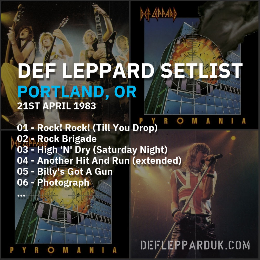 #DefLeppard #Setlist for a show in
#Portland OR USA 🇺🇸 41 Years Ago on this day in 1983

01 - Rock! Rock! (Till You Drop)
02 - Rock Brigade
03 - High 'N' Dry...

#Pyromania #steveclark #pyromaniatour #joeelliott #ricksavage #rickallen #philcollen
deflepparduk.com/1983portlandor…