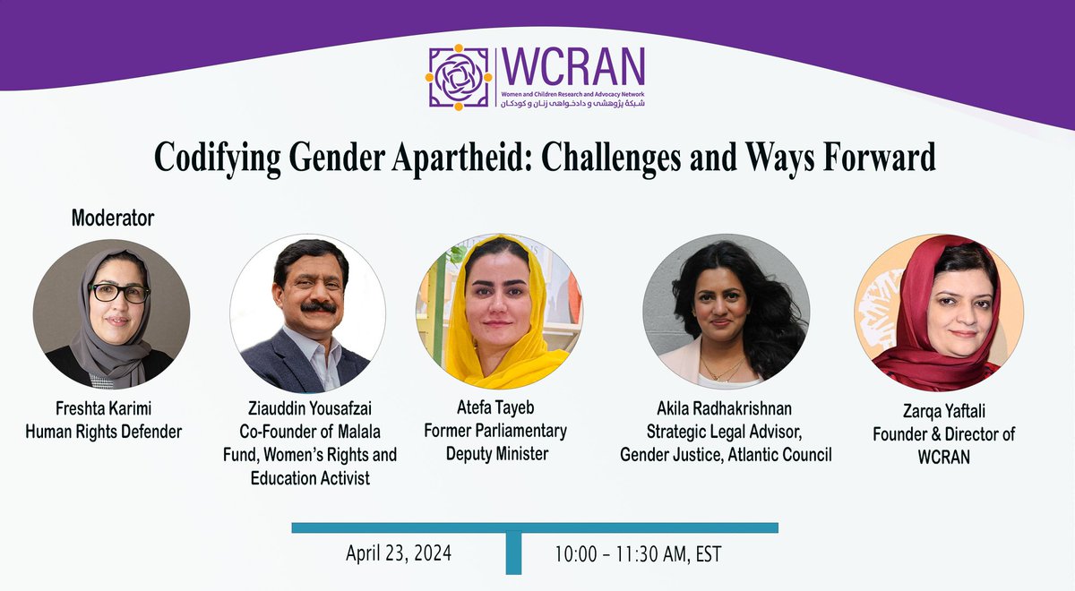 WCRAN will be conducting a webinar titled 'Codifying Gender Apartheid: Challenges and Ways Forward' on Tuesday, April 23rd. This webinar is a follow-up to the recent UN Sixth Committee session and will feature representatives from national and international organizations, women's