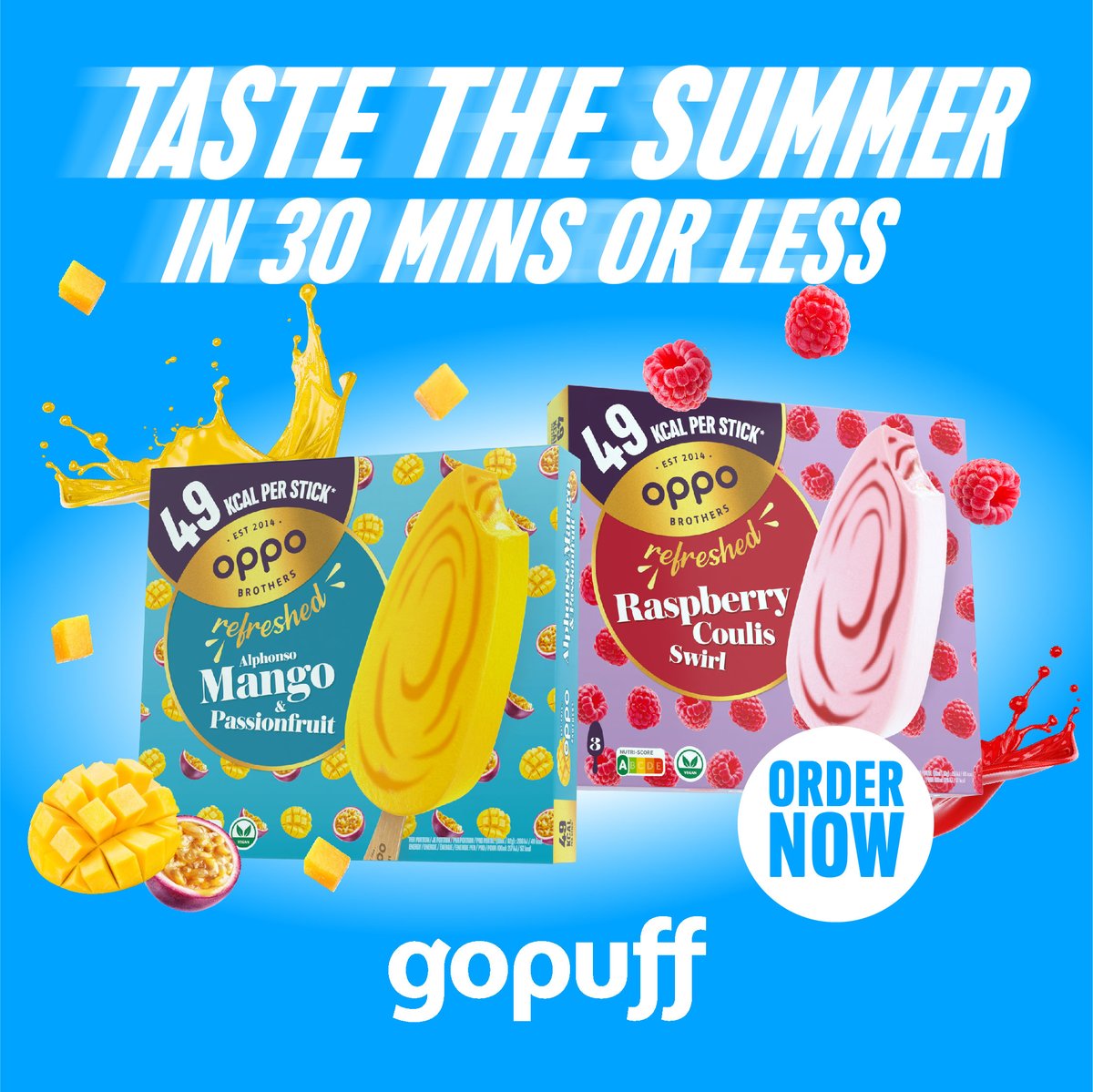 Fancy a snack now or need to get dessert in for tonight? Fruity refreshment meets creamy indulgence with our BRAND NEW range Oppo Refreshed 🥭 have summer in 30 minutes or less with @gopuff and enjoy £15 OFF your first order with the code OPPO15 at checkout! ☀🍦🌱 #IndulgeInLife