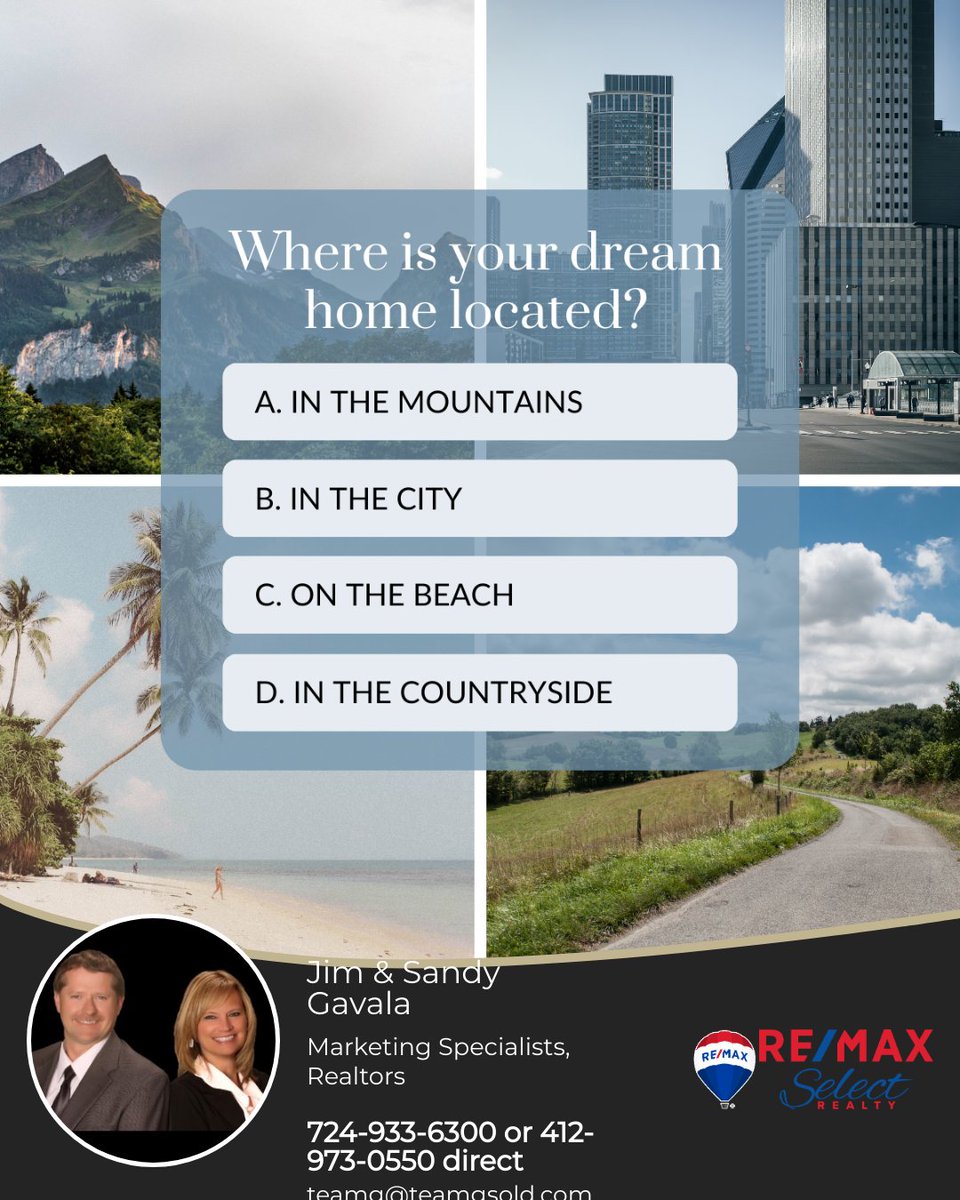 What's your dream home location—mountains, city, countryside, or beach? Share your ideal setting.

#dreamhome #perfectlocation #mountainretreat #citylife #countrysideliving #beachfront #realestatebroker #realestatesales #homeseller #homebuyer #realestatemarketing