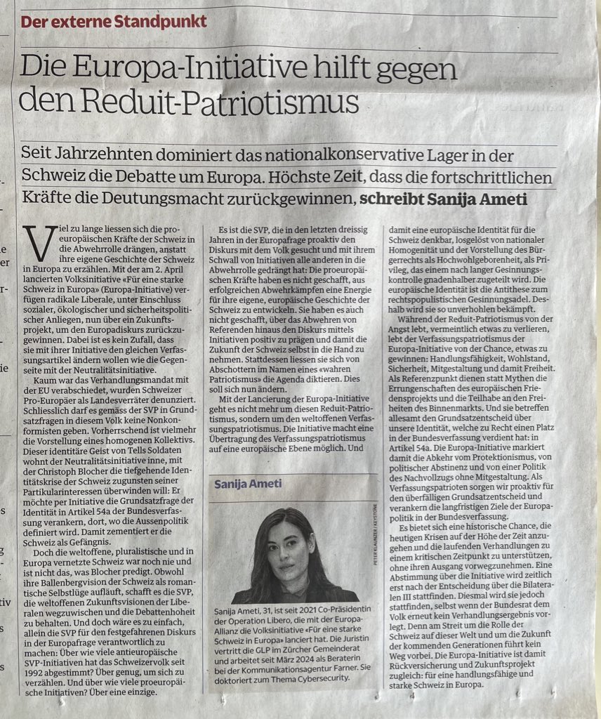 Die #Europainitiative ist das Vehikel für radikale Liberale, unter Einschluss sozialer, ökologischer und sicherheitspolitischer Anliegen, die Deutungsmacht zurückzugewinnen.

Gegen die Putin-Initiative der SVP und Anti-Binnenmarkt Initiative von Partners Group. Gastbeitrag <a href="/NZZaS/">NZZ am Sonntag</a>