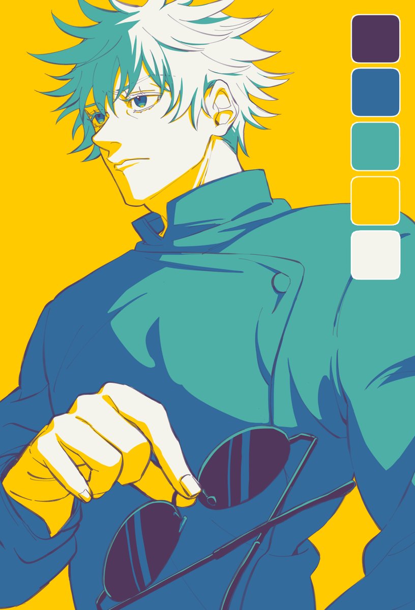 gojou satoru solo short hair blue eyes simple background long sleeves 1boy holding  illustration images
